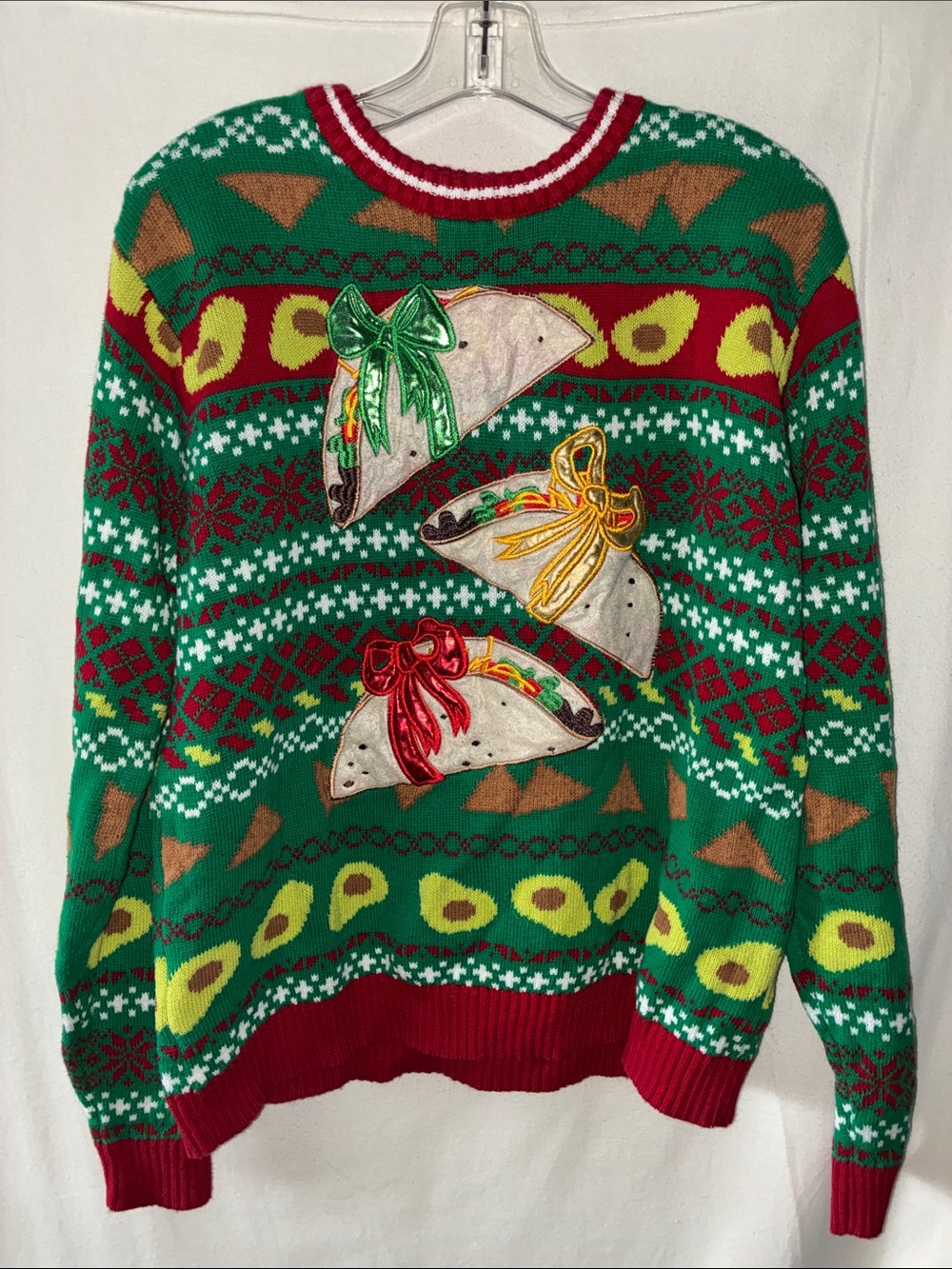 Festive Green Taco Sweater with Ribbon Accents